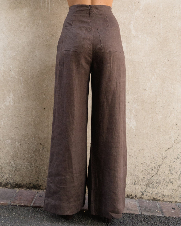 White Closet linen wide leg pants Kara Linen Pants - Choc