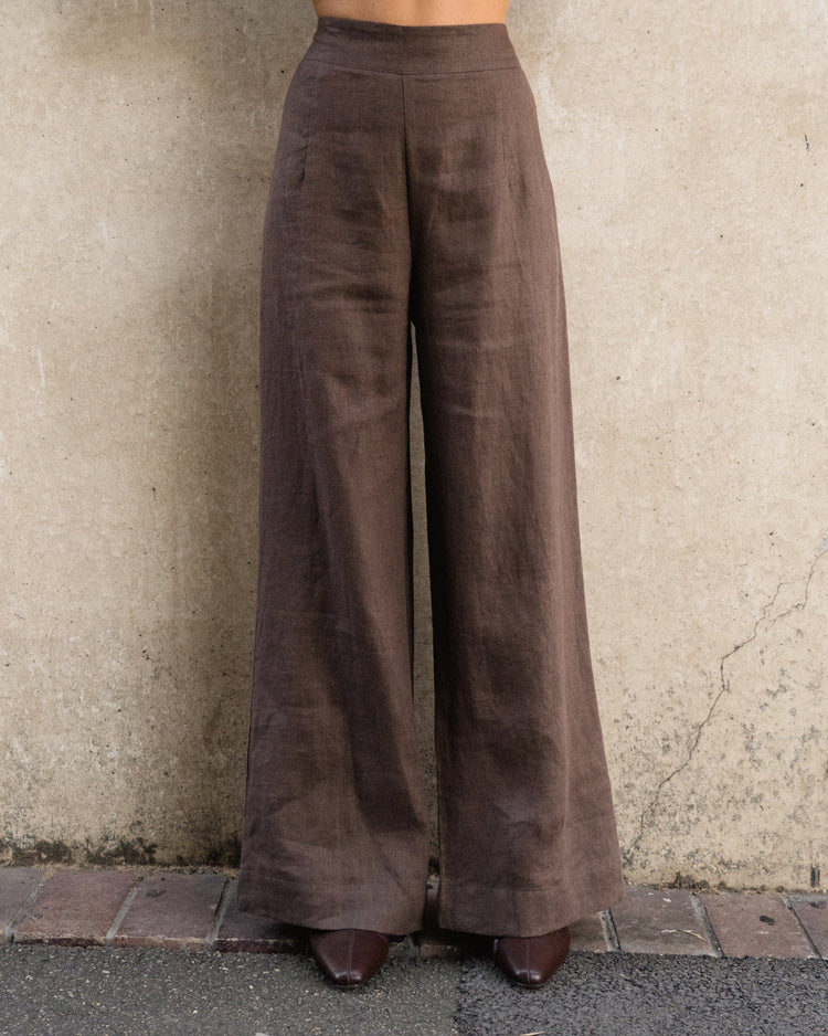 White Closet linen wide leg pants Kara Linen Pants - Choc