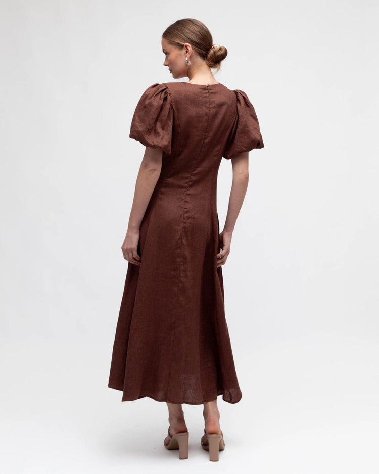 White Closet Dresses Linen Midi Dress - Chocolate
