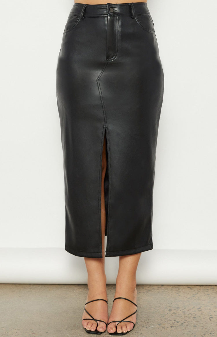 Style State Skirts Pleather Midi Skirt - Black