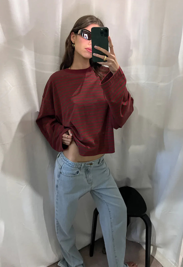 Lioness long sleeve stripe top Bloom  - Choc Wine Stripe