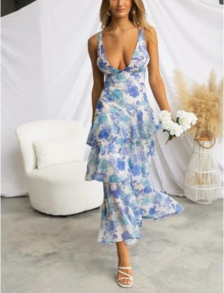 Saints & Secrets MAXI DRESS Blue Floral Tier Dress