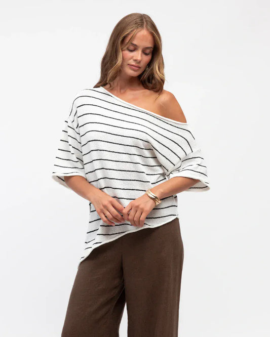 White Closet Top Boucle Knit - White Stripe