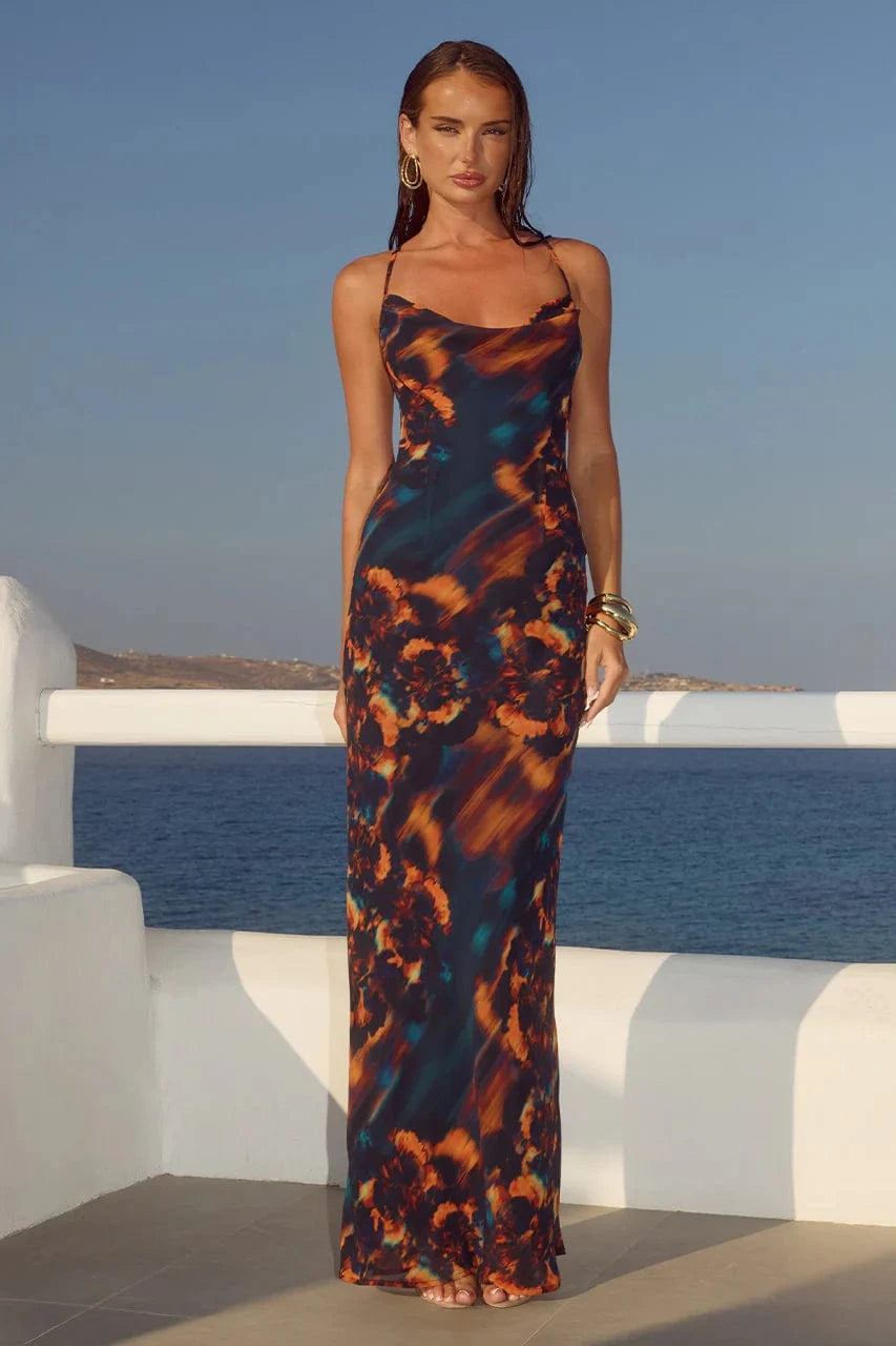 Runaway The Label Dresses Bridgette Cowl Cross Back maxi Dress - Valina Orange