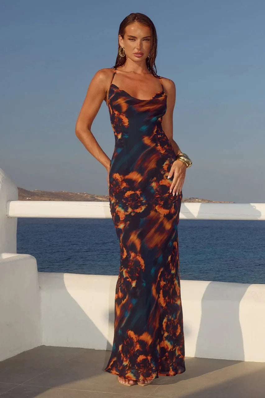 Runaway The Label Dresses Bridgette Cowl Cross Back maxi Dress - Valina Orange