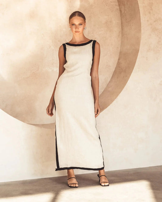 White Closet Dresses Contrast Linen Maxi Dress