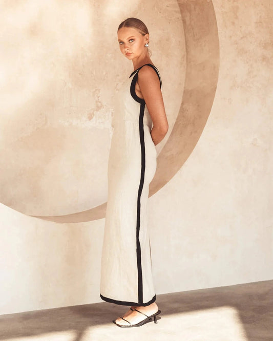 White Closet Dresses Contrast Linen Maxi Dress