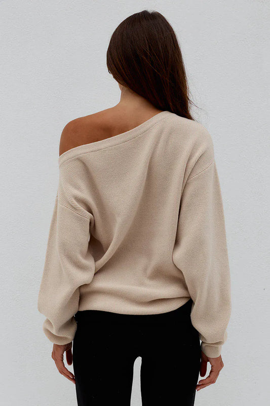 Runaway The Label activewear DIONNE OFF SHOULDER KNIT SWEATER - BISCUIT