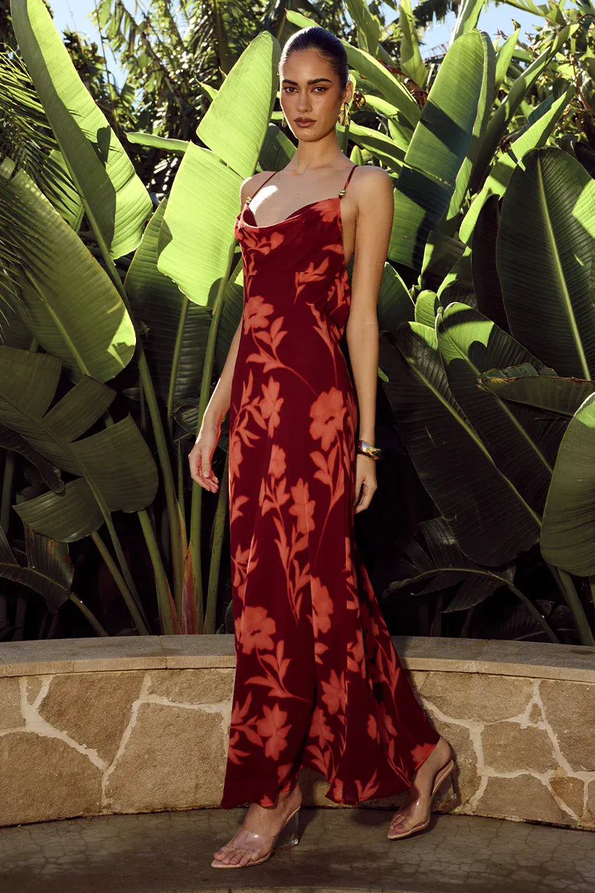 Runaway The Label formal dress EVE COWL CROSS BACK MAXI DRESS - ALMINA RED