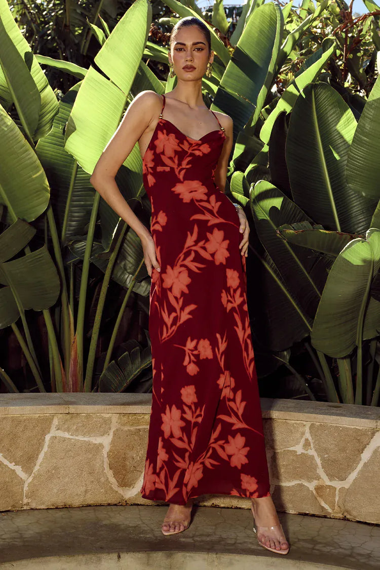 Runaway The Label formal dress EVE COWL CROSS BACK MAXI DRESS - ALMINA RED