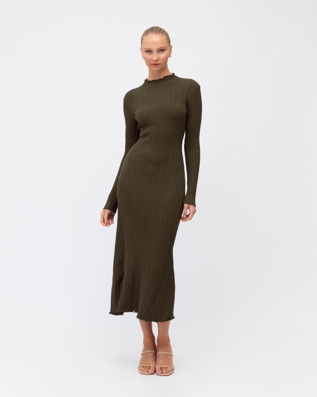 White Closet long sleeved knit dress High Neck Long Sleeved Knit Dress - Olive