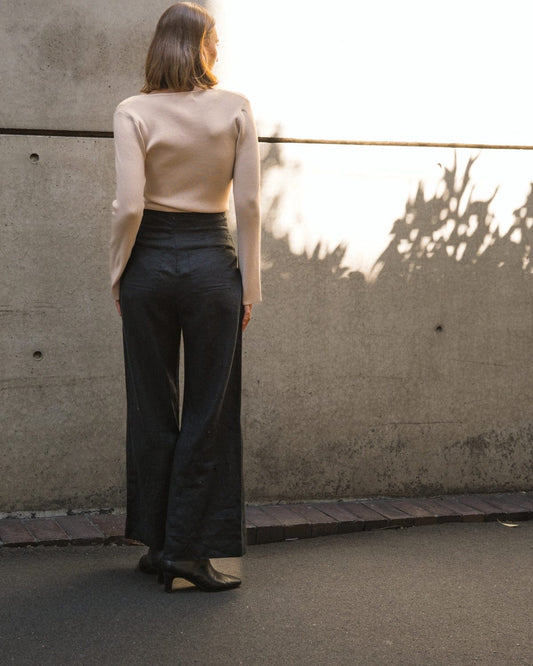 White Closet linen wide leg pants Kara Linen Pants - Blk