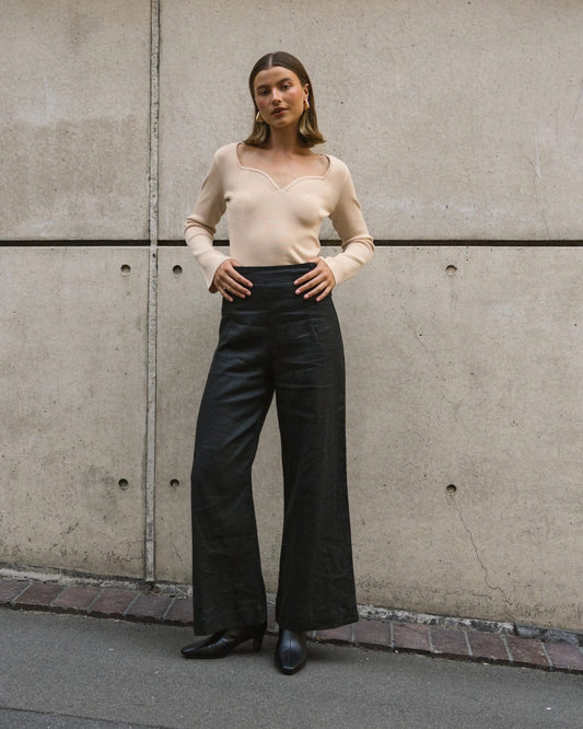 White Closet linen wide leg pants Kara Linen Pants - Blk