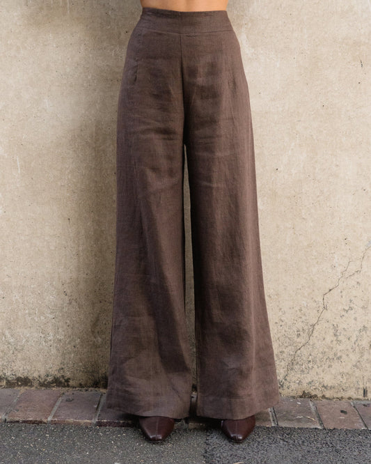 White Closet linen wide leg pants Kara Linen Pants - Choc