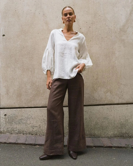 White Closet linen wide leg pants Kara Linen Pants - Choc