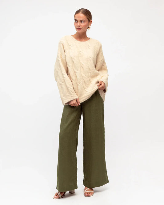 White Closet linen wide leg pants Kara Linen Pants - Khaki