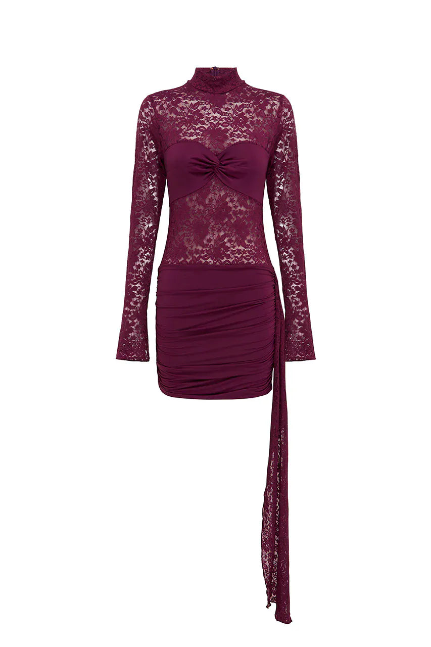 Runaway The Label Dresses LARNA LACE SLEEVED MINI DRESS - WINE