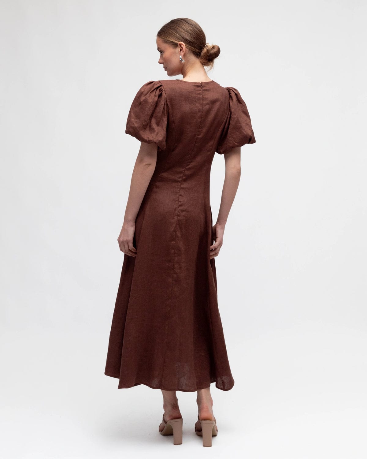 White Closet Dresses Linen Midi Dress - Chocolate