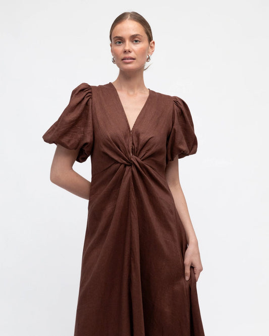White Closet Dresses Linen Midi Dress - Chocolate