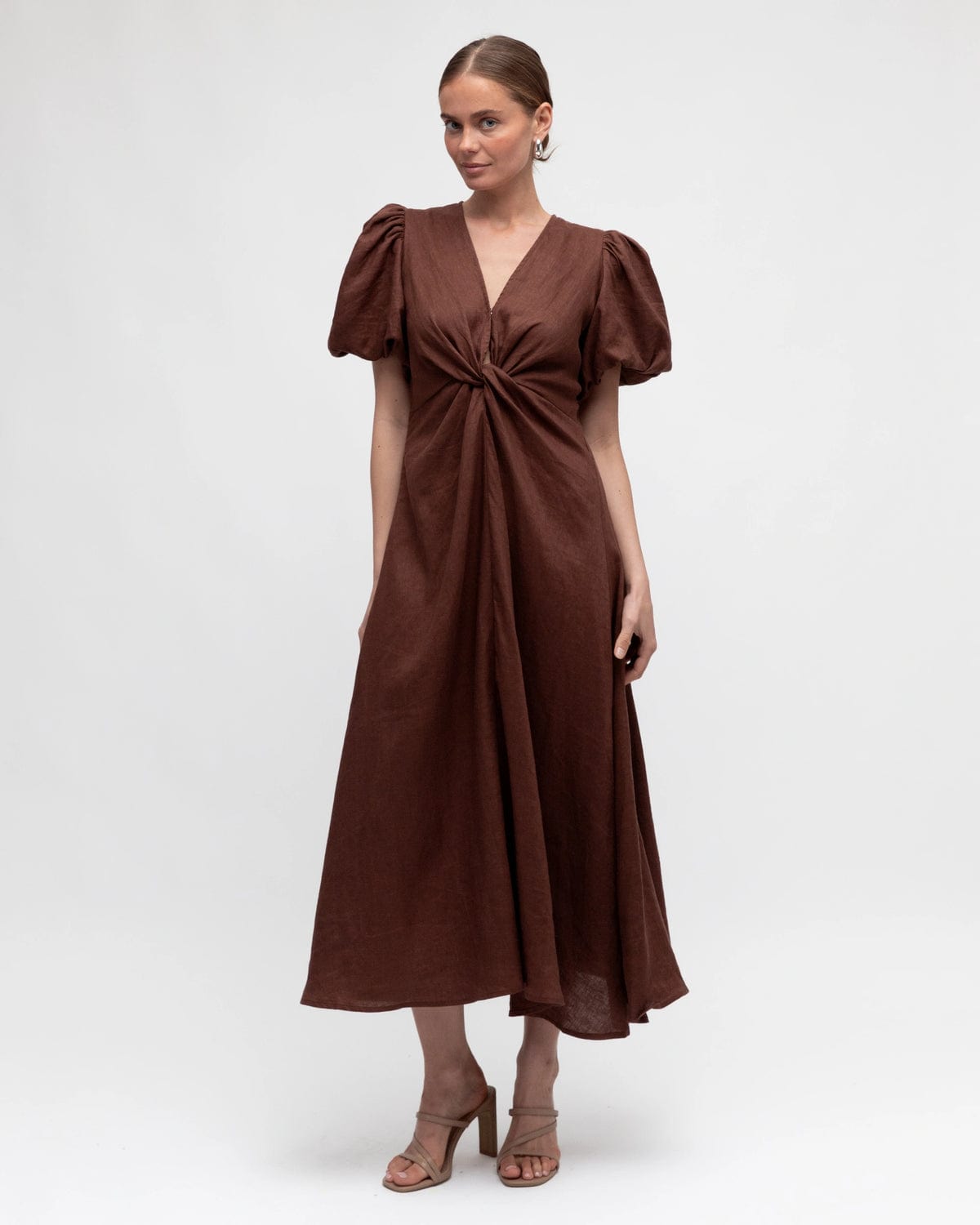 White Closet Dresses Linen Midi Dress - Chocolate