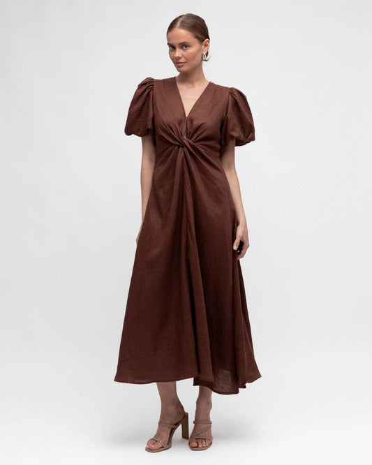 White Closet Dresses Linen Midi Dress - Chocolate
