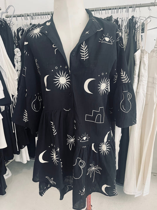 By Frankie babydoll dress Moon & Stars Linen Dress - Black