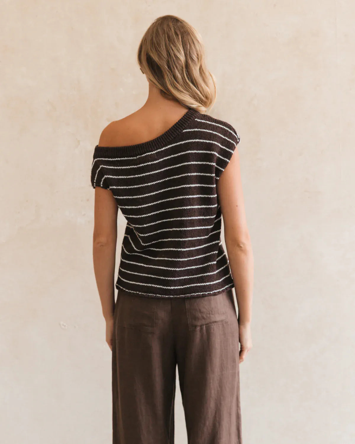 White Closet Top One shoulder Boucle Knit - Choc / White Stripe
