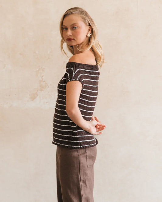 White Closet Top One shoulder Boucle Knit - Choc / White Stripe