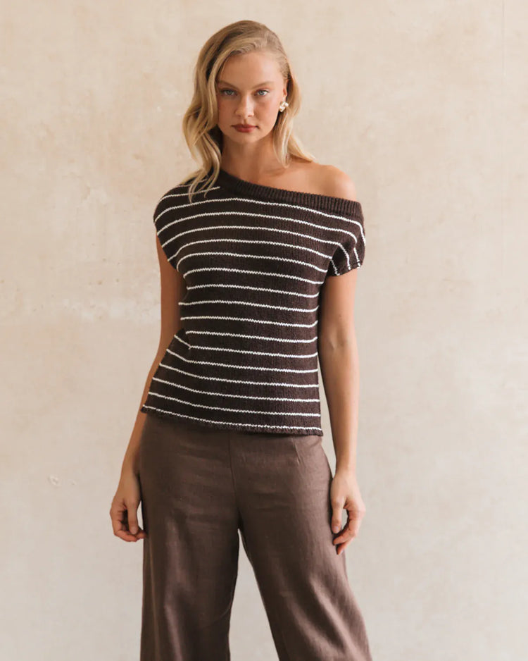 White Closet Top One shoulder Boucle Knit - Choc / White Stripe