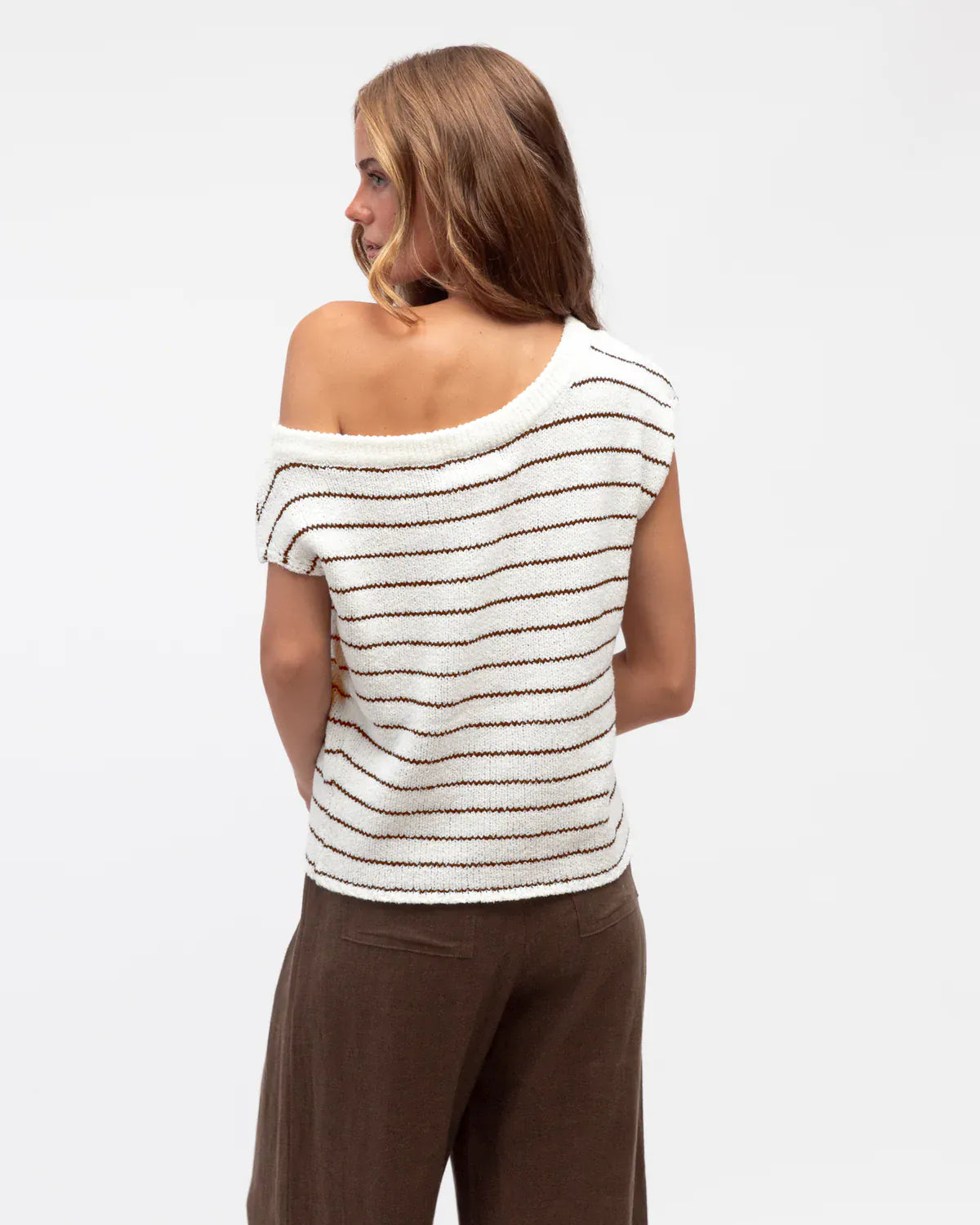 White Closet Top One Shoulder Boucle Knit Top - Oatmeal Stripe
