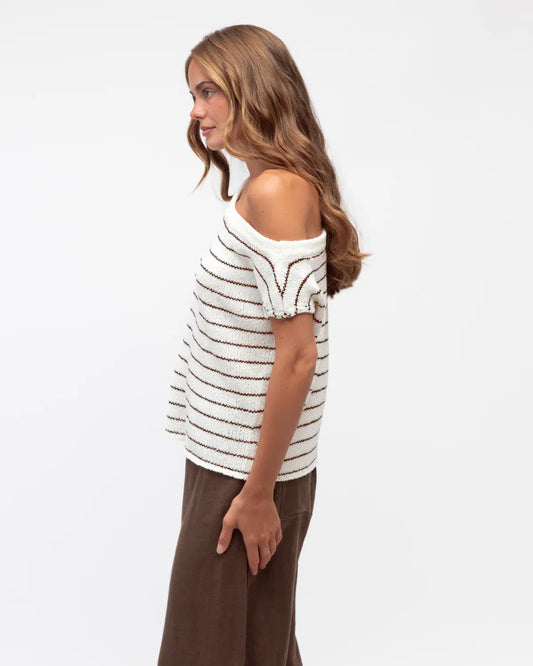White Closet Top One Shoulder Boucle Knit Top - Oatmeal Stripe