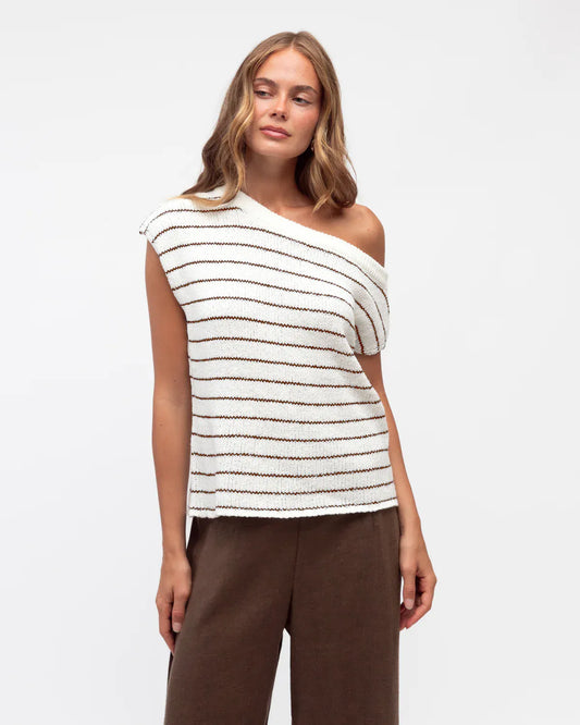 White Closet Top One Shoulder Boucle Knit Top - Oatmeal Stripe